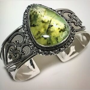 Prehnite Stamped 925 Sterling Silver Cuff Bracelet
